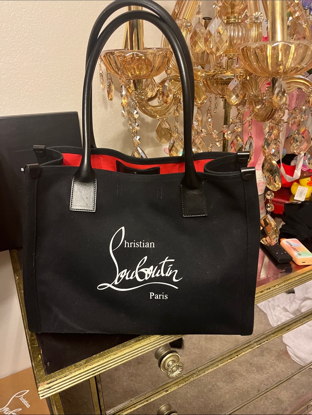 Christian Louboutin Black Canvas Tote with Red Interior